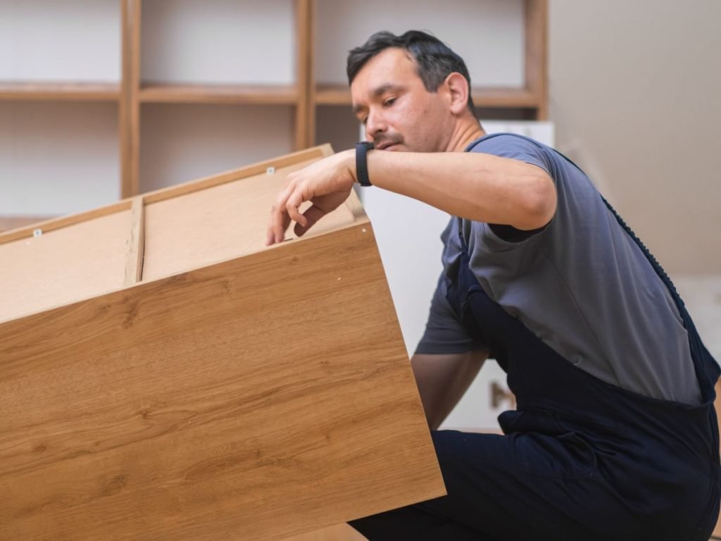 A person wearing a gray shirt and dark overalls is assembling a wooden piece of furniture in a bright, modern space.
