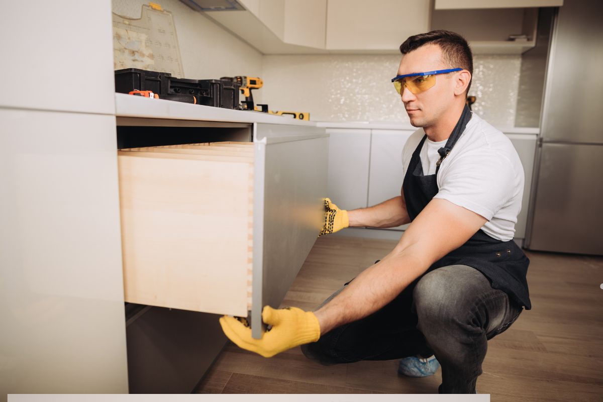 A person wearing gloves kneels beside a kitchen cabinet, pulling out a wooden drawer while tools are visible on the countertop above.